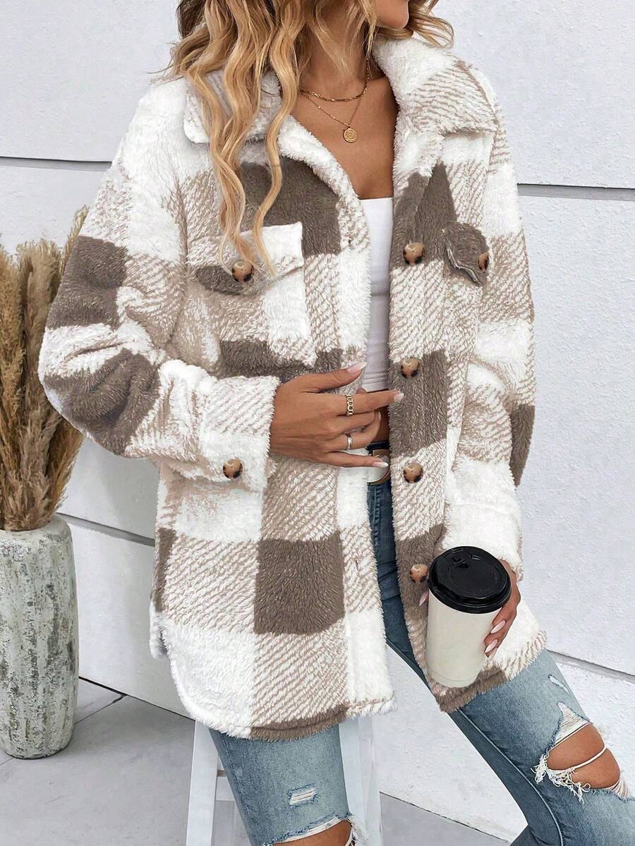 Juliette Plaid Collared Longline Jacket - front view