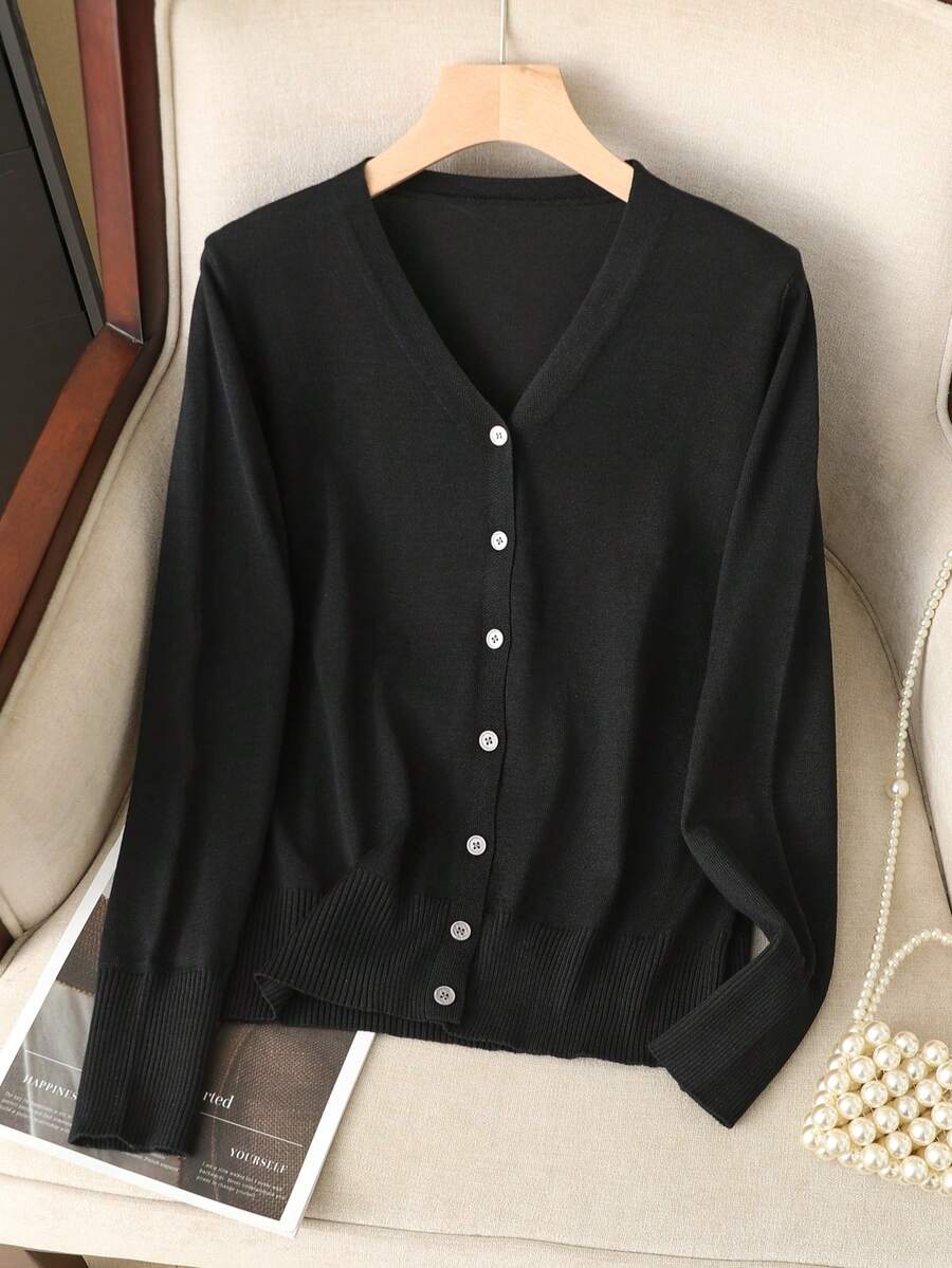 Ida Ribbed Button Front V Neck Cardigan - front view