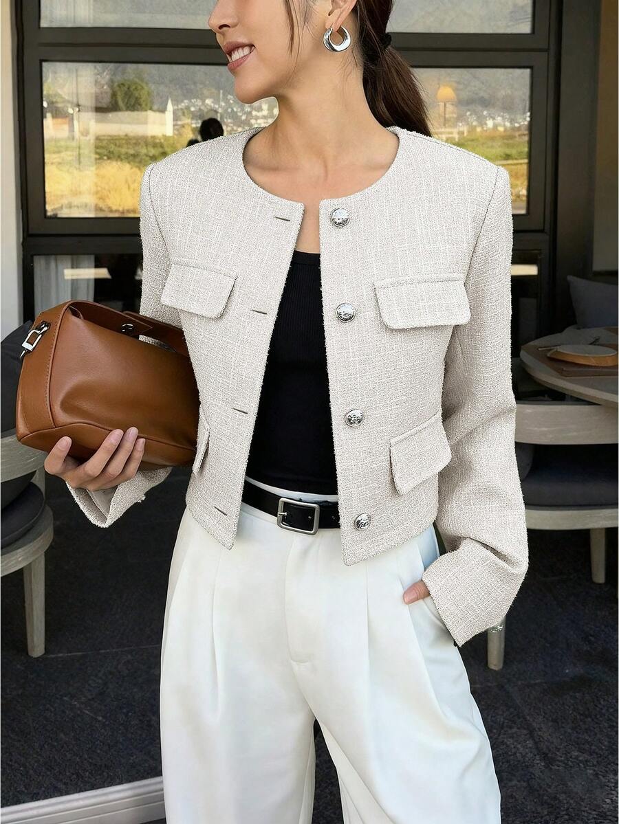 Sophia Textured Cropped Button Front Blazer - view 11