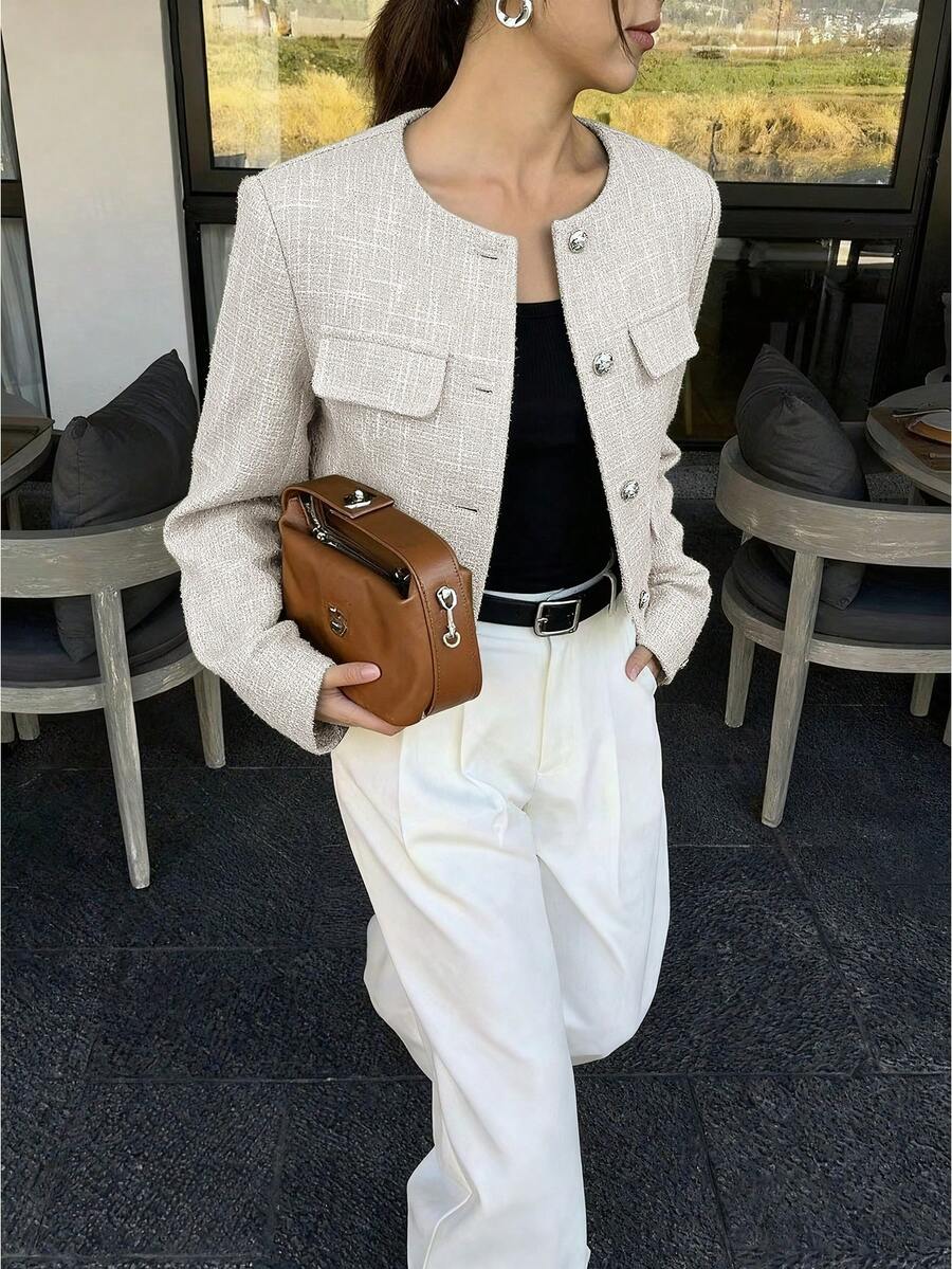 Sophia Textured Cropped Button Front Blazer - view 8
