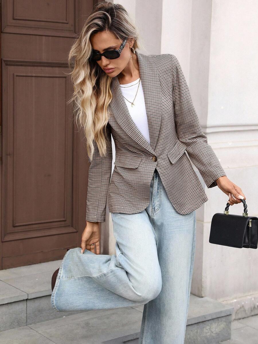 Olivia Plaid Button Front Shawl Collar Blazer - view 4
