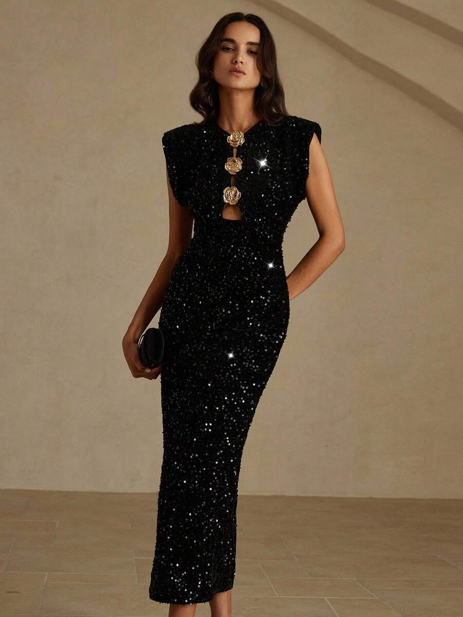 Margot Sequin Keyhole Maxi Dress - front view