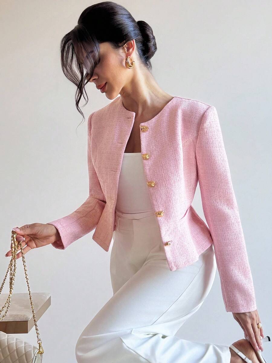 Mia Textured Button Front Round Neck Blazer - view 3