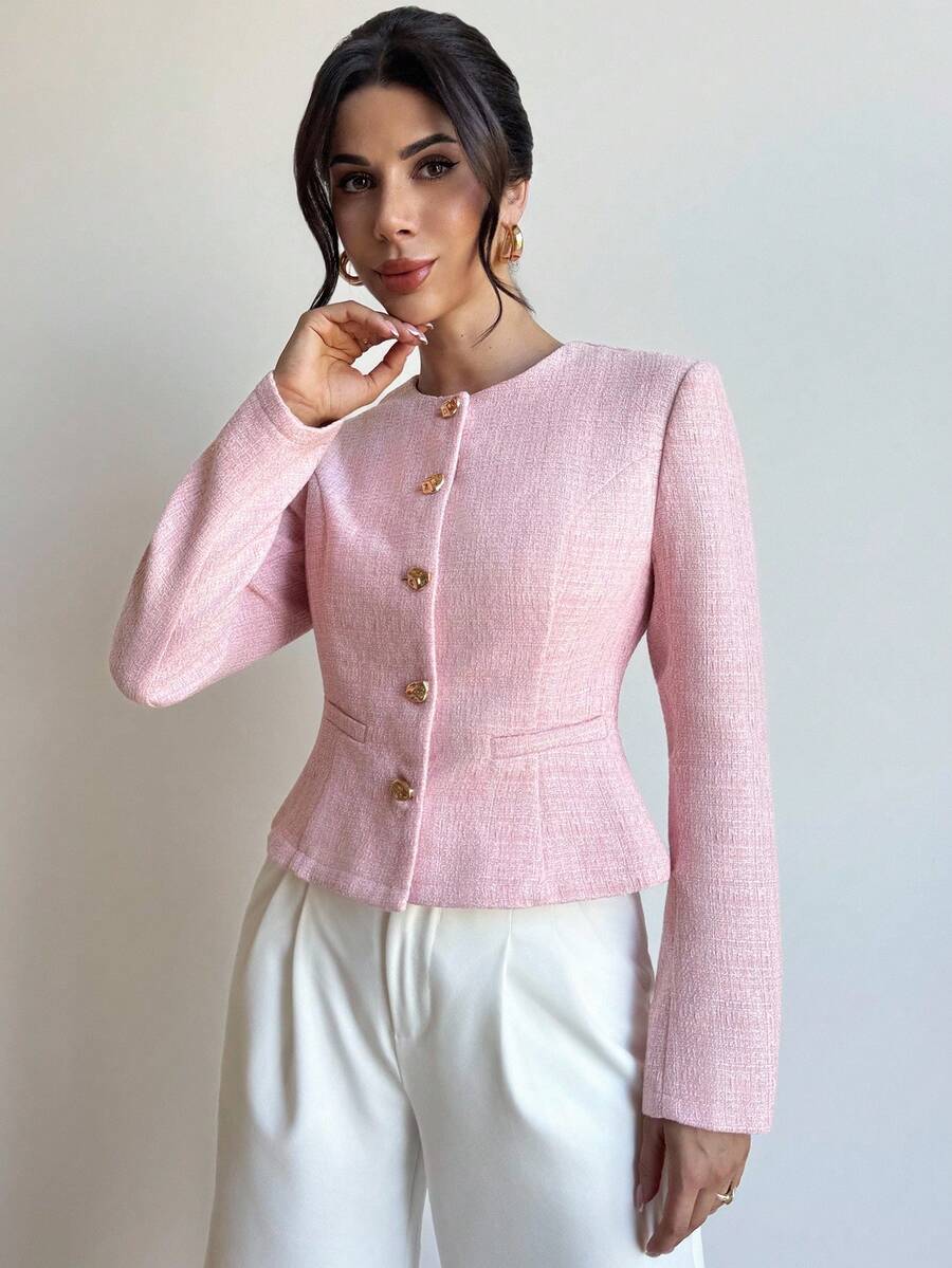 Mia Textured Button Front Round Neck Blazer - view 5