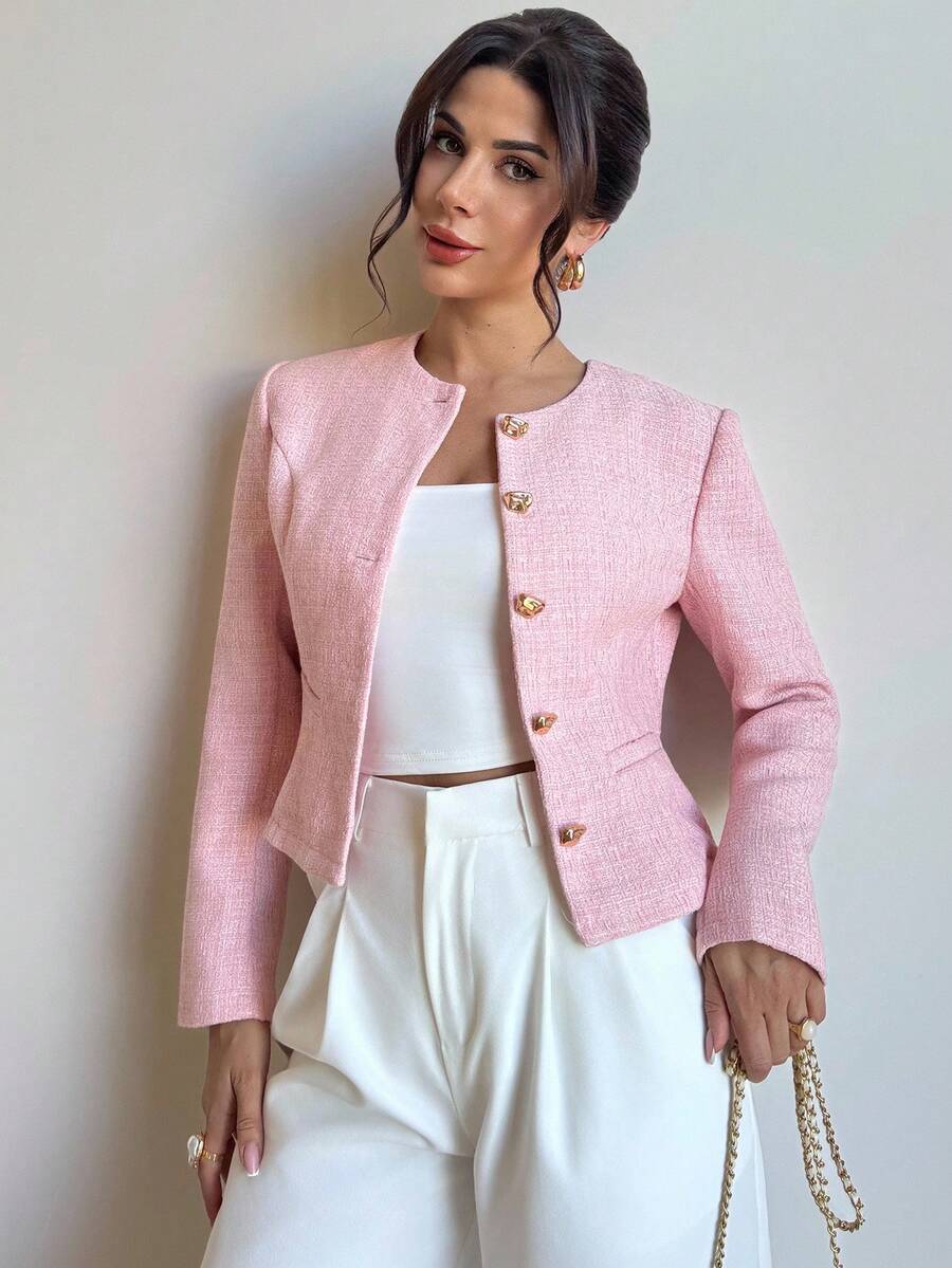 Mia Textured Button Front Round Neck Blazer - view 7