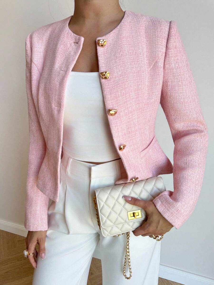 Mia Textured Button Front Round Neck Blazer - front view