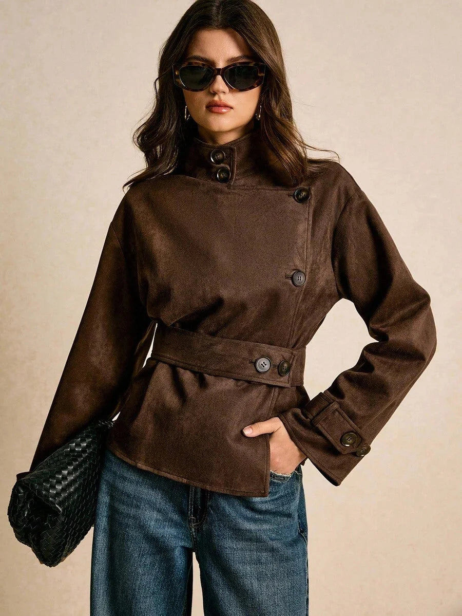 Vivienne Peplum Belted Stand Collar Collared Jacket - front view