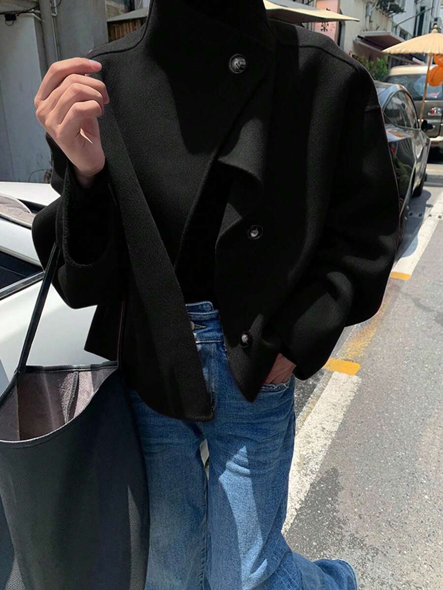 Rita Cropped Stand Collar Collared Longline Overcoat - view 9