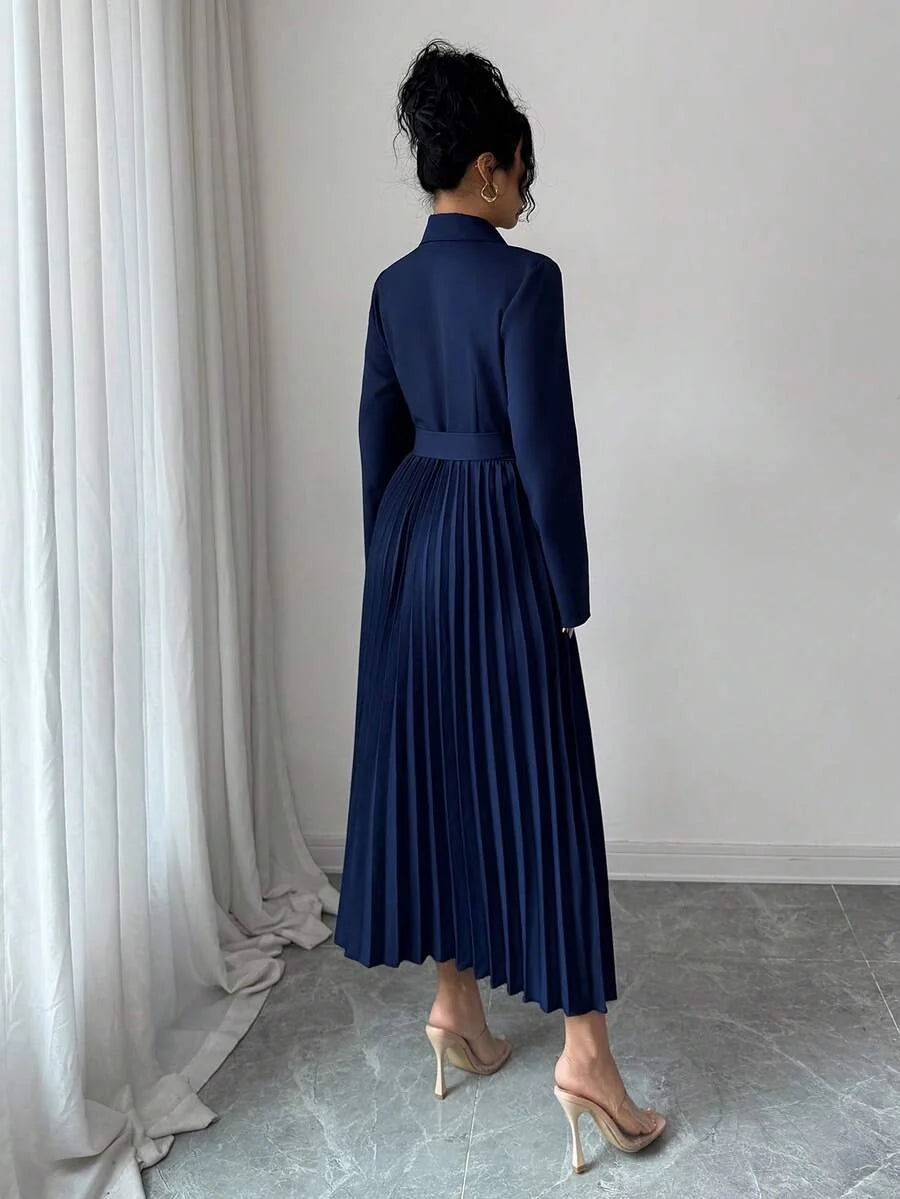Josephine Pleated Belted Shawl Collar Collared Dress - view 2