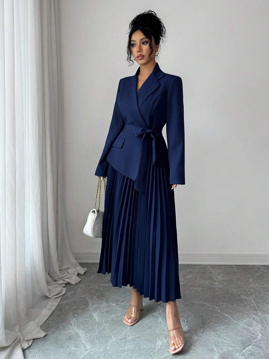 Josephine Pleated Belted Shawl Collar Collared Dress - view 3