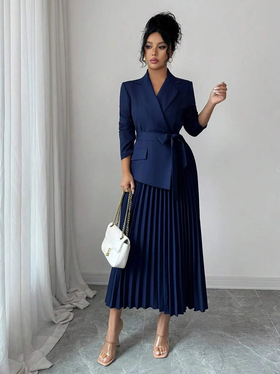 Josephine Pleated Belted Shawl Collar Collared Dress - view 4