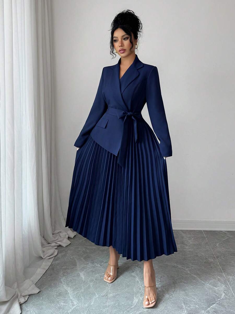 Josephine Pleated Belted Shawl Collar Collared Dress - view 5