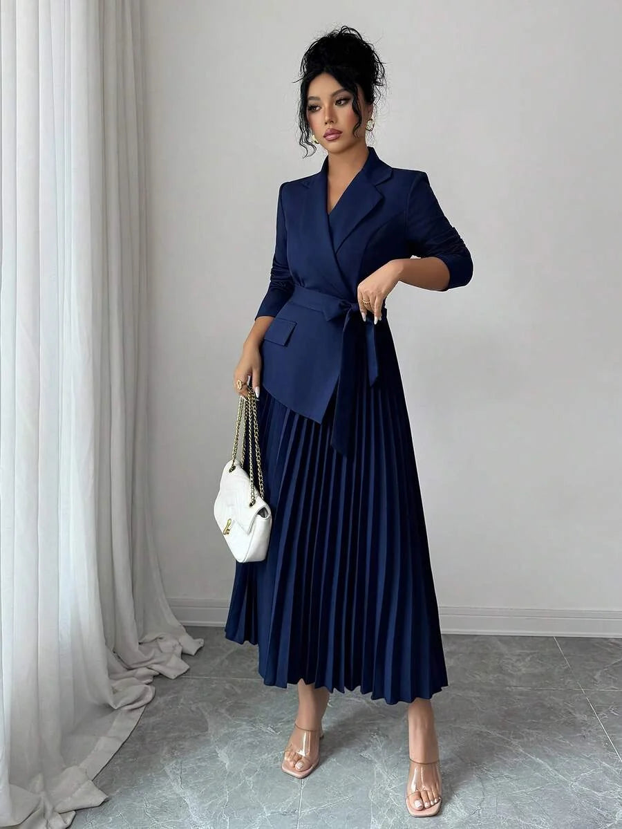 Josephine Pleated Belted Shawl Collar Collared Dress - front view