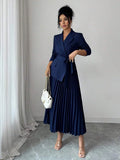 Josephine Pleated Belted Shawl Collar Collared Dress - front view