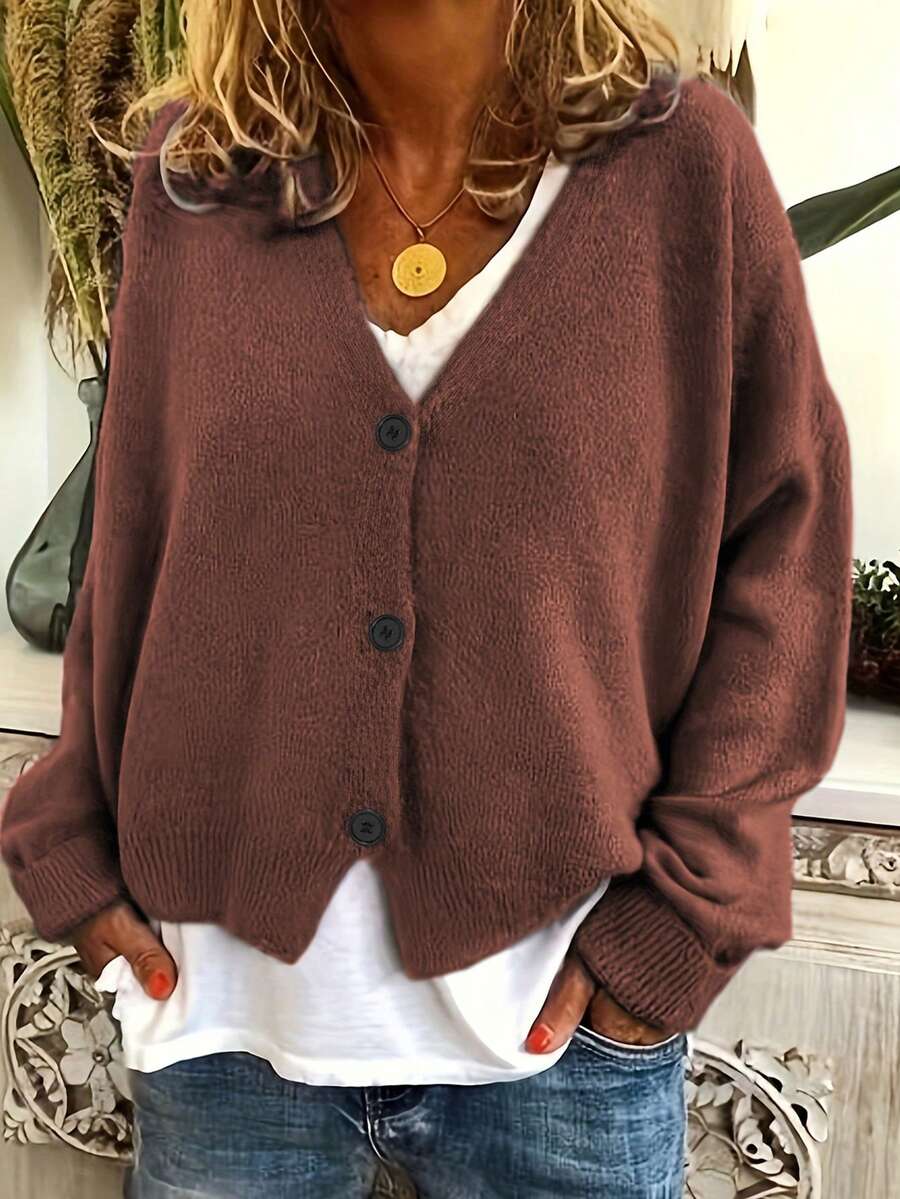 Lotte Button Front V Neck Drop Shoulder Cardigan - front view