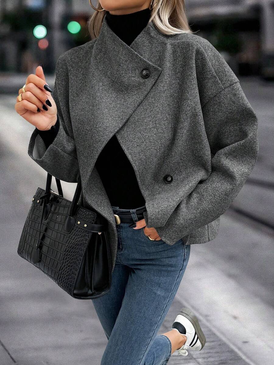 Rita Cropped Stand Collar Collared Longline Overcoat - front view