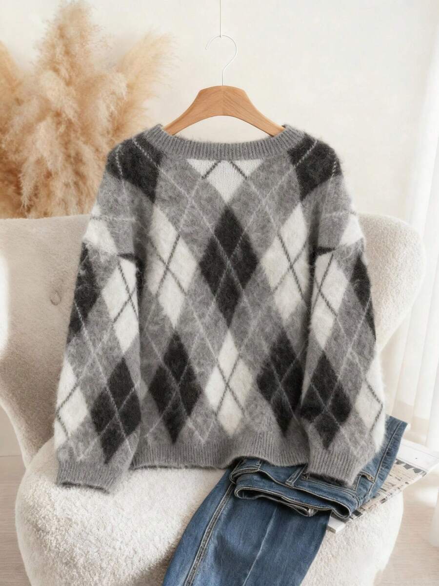 Mila Argyle Loose Fit Brushed Knit Sweater - view 8