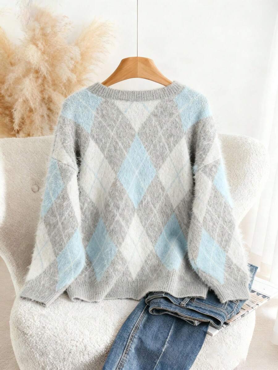 Mila Argyle Loose Fit Brushed Knit Sweater - view 6