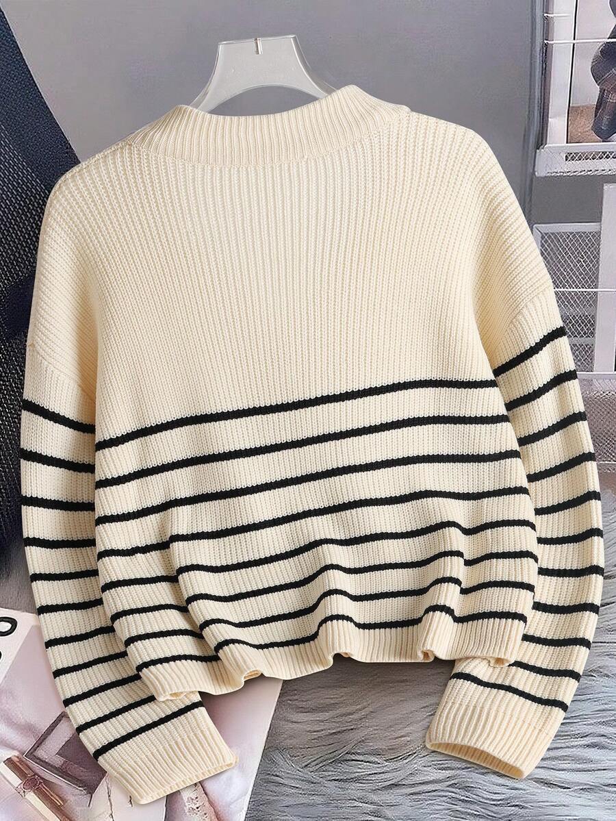 Grace Ribbed Striped Half Zip Collared Sweater - view 2