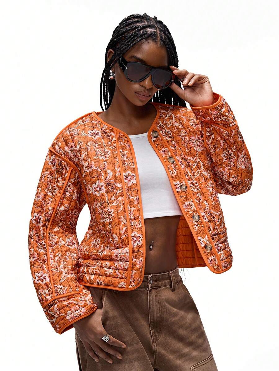 Rose Quilted Contrast Panel Floral Print Jacket - view 12