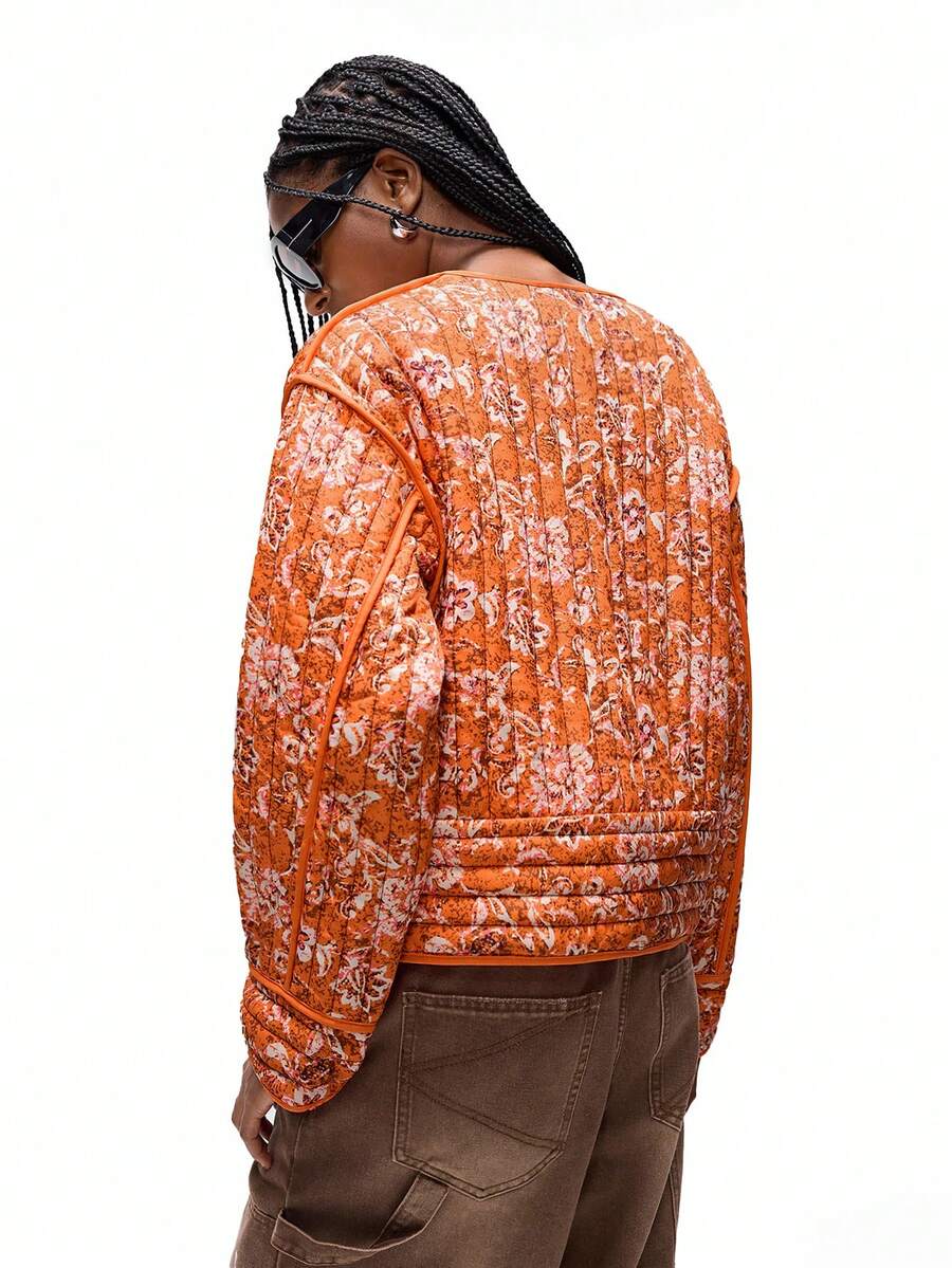 Rose Quilted Contrast Panel Floral Print Jacket - view 13