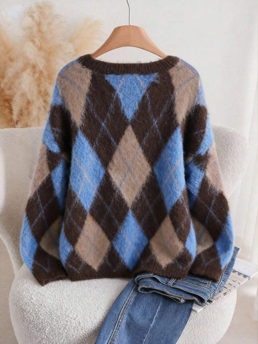 Mila Argyle Loose Fit Brushed Knit Sweater - view 2