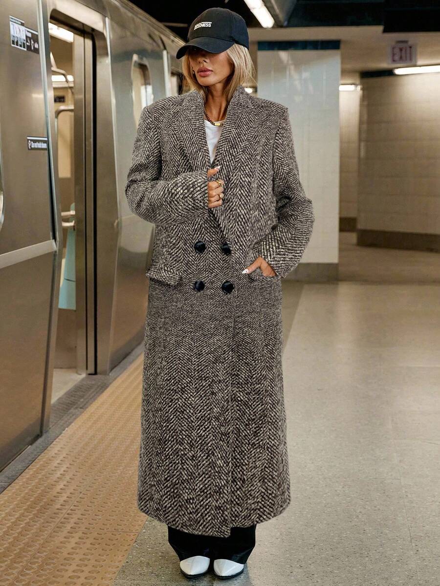 Cleo Herringbone Oversized Notch Lapel Longline Overcoat - view 8