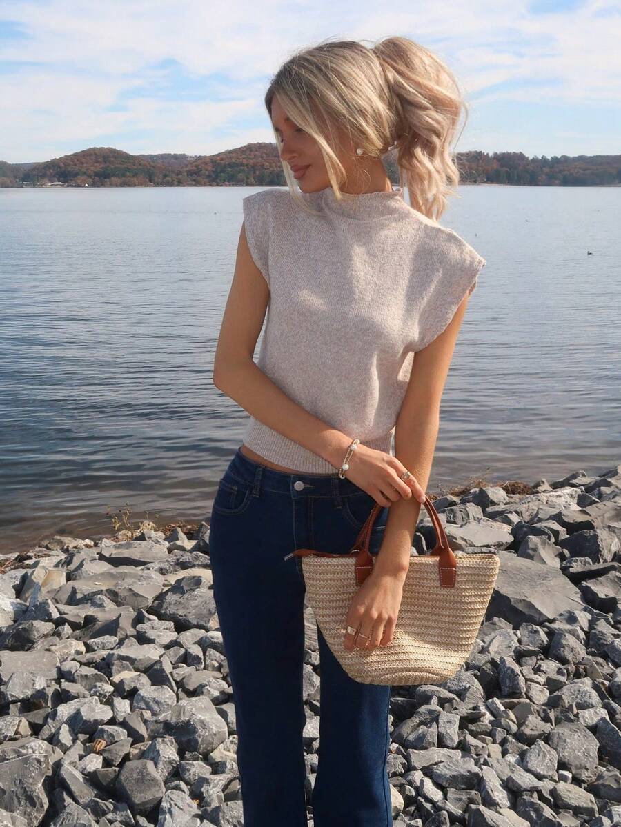 Ayla Turtleneck Cap Sleeve Shirt - front view