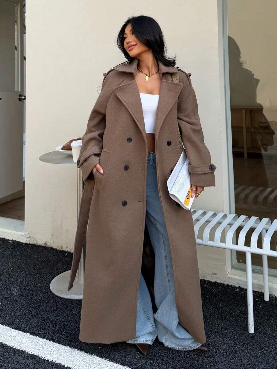 Romy Belted Notch Lapel Longline Overcoat - front view