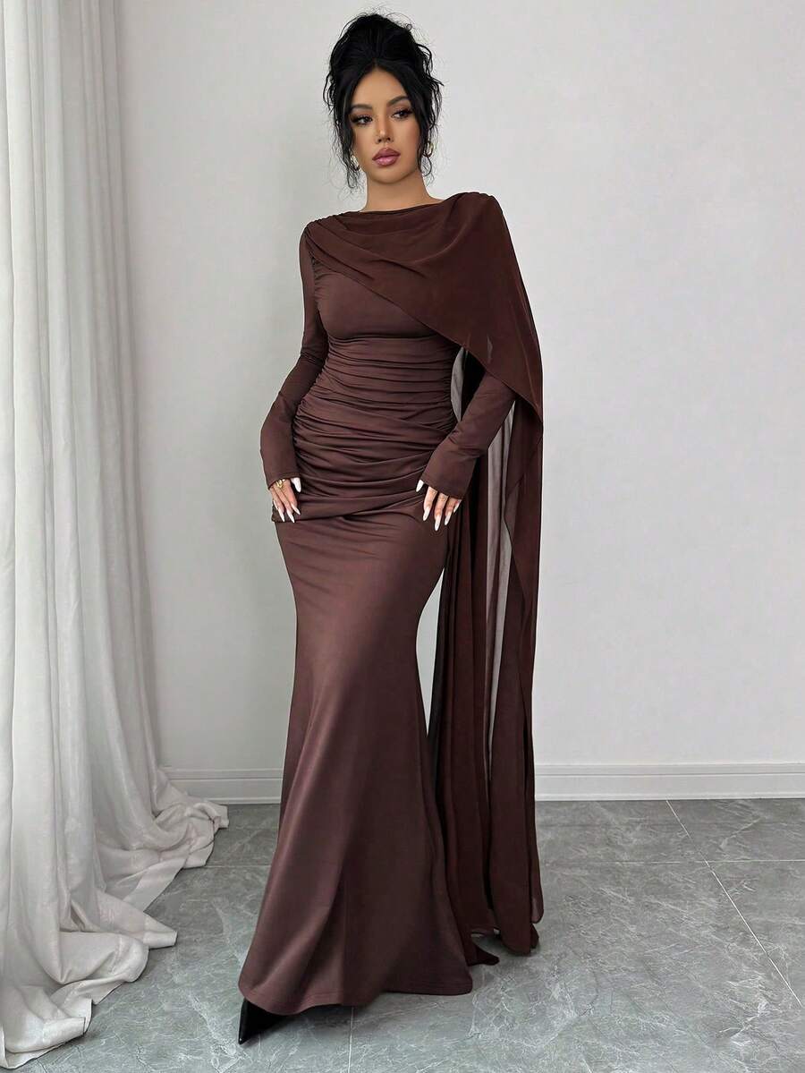 Quinn Ruched Cape Sleeve Mermaid Maxi Dress - front view
