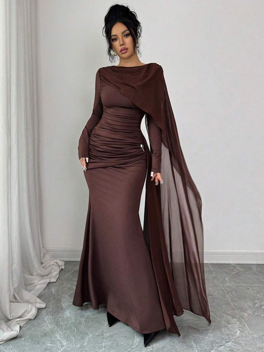 Quinn Ruched Cape Sleeve Mermaid Maxi Dress - view 3