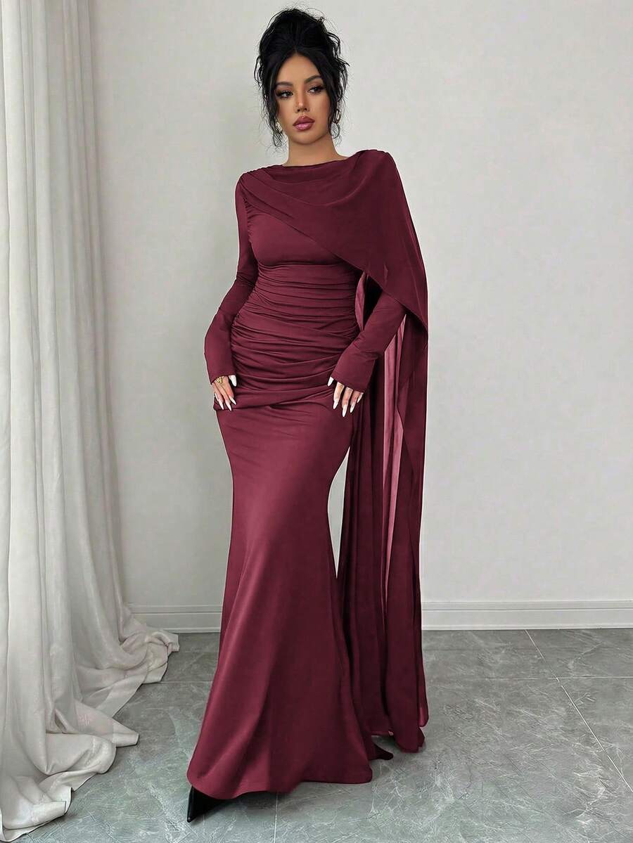 Quinn Ruched Cape Sleeve Mermaid Maxi Dress - view 5