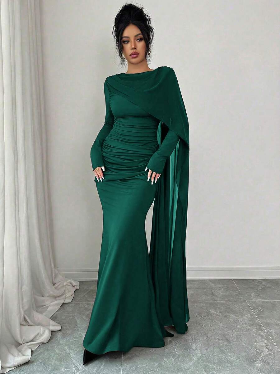 Quinn Ruched Cape Sleeve Mermaid Maxi Dress - view 15