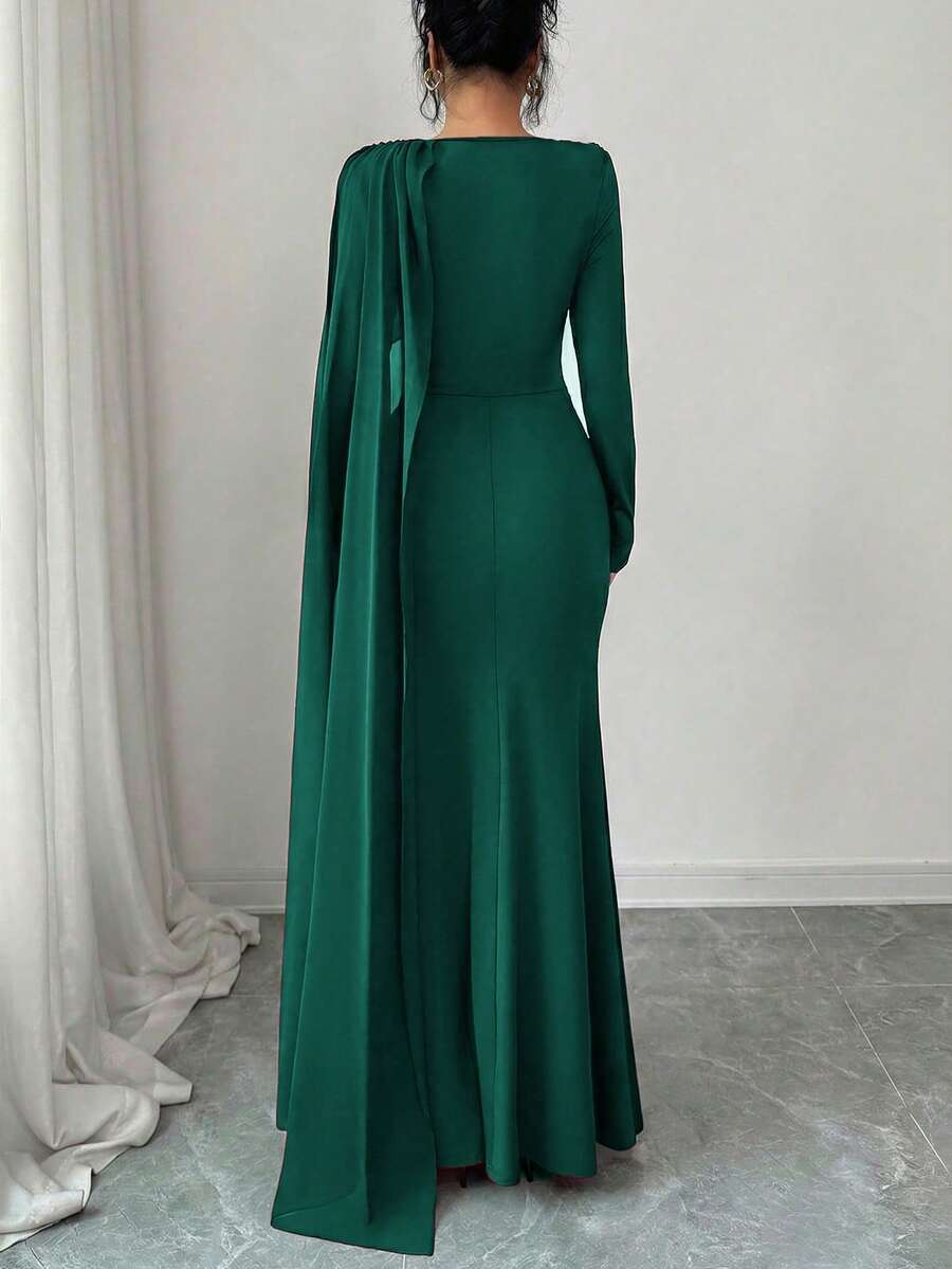 Quinn Ruched Cape Sleeve Mermaid Maxi Dress - view 16