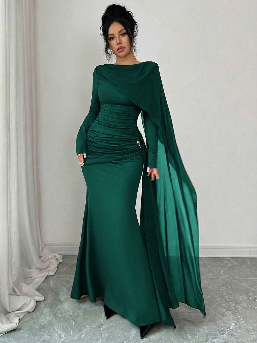 Quinn Ruched Cape Sleeve Mermaid Maxi Dress - view 17