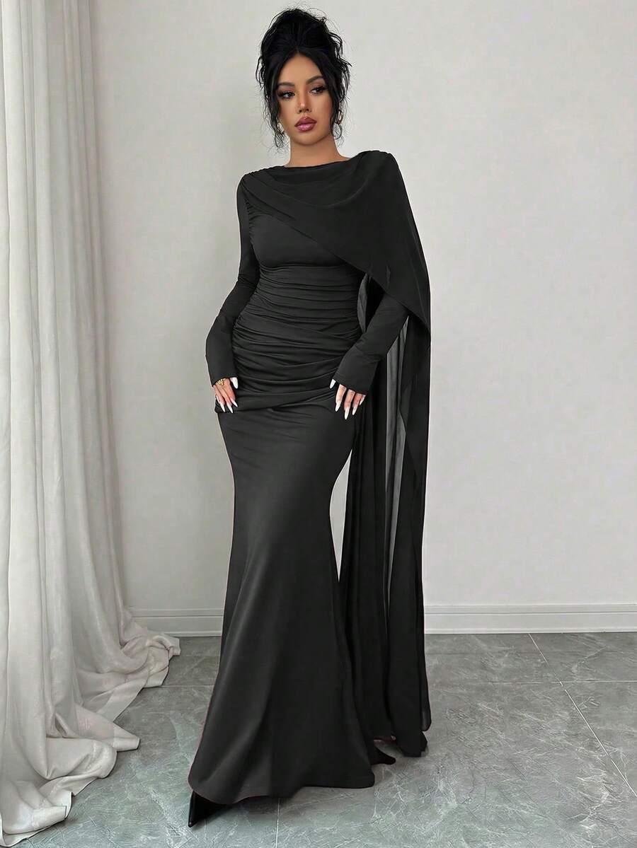 Quinn Ruched Cape Sleeve Mermaid Maxi Dress - view 8