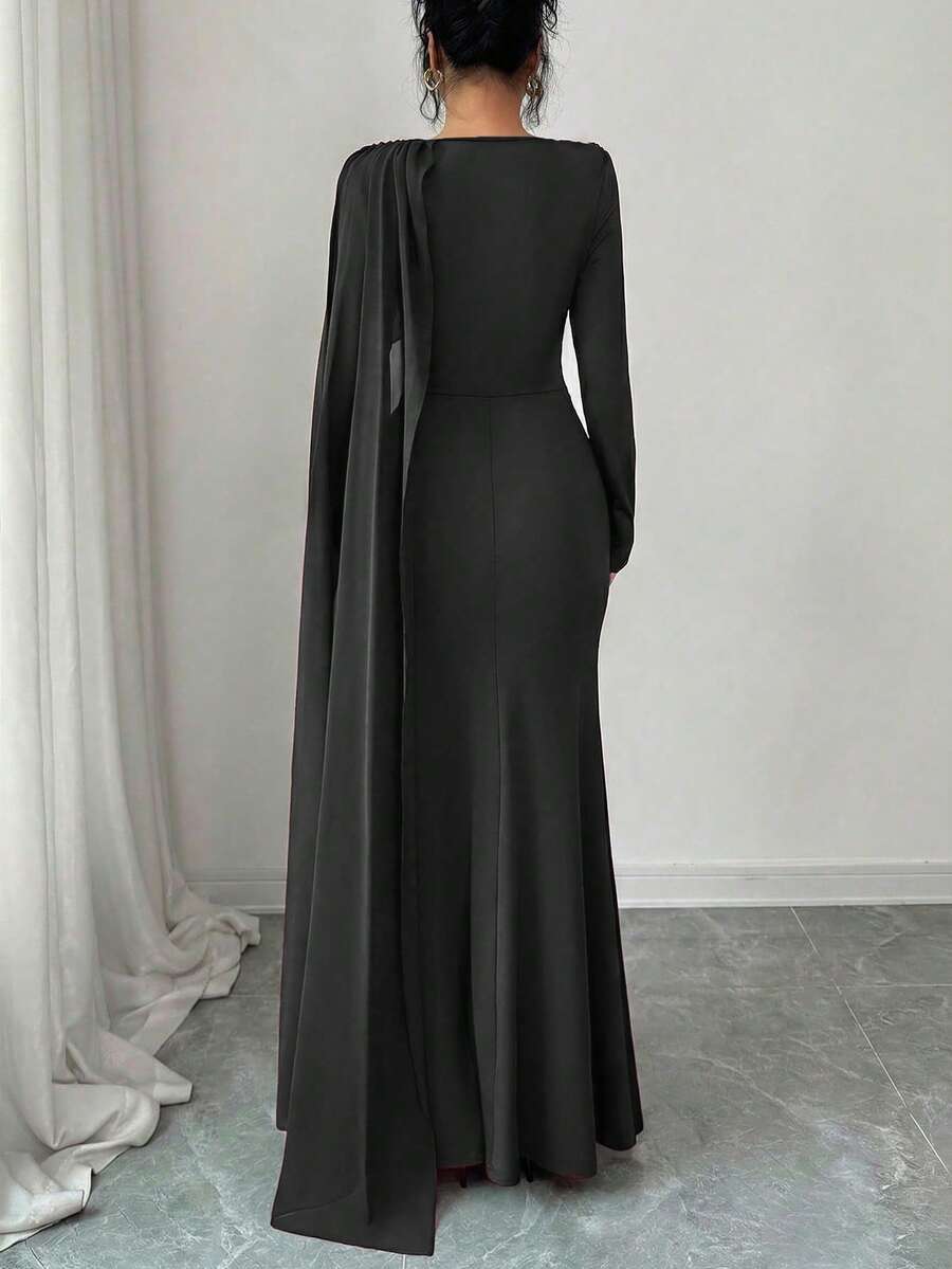 Quinn Ruched Cape Sleeve Mermaid Maxi Dress - view 9
