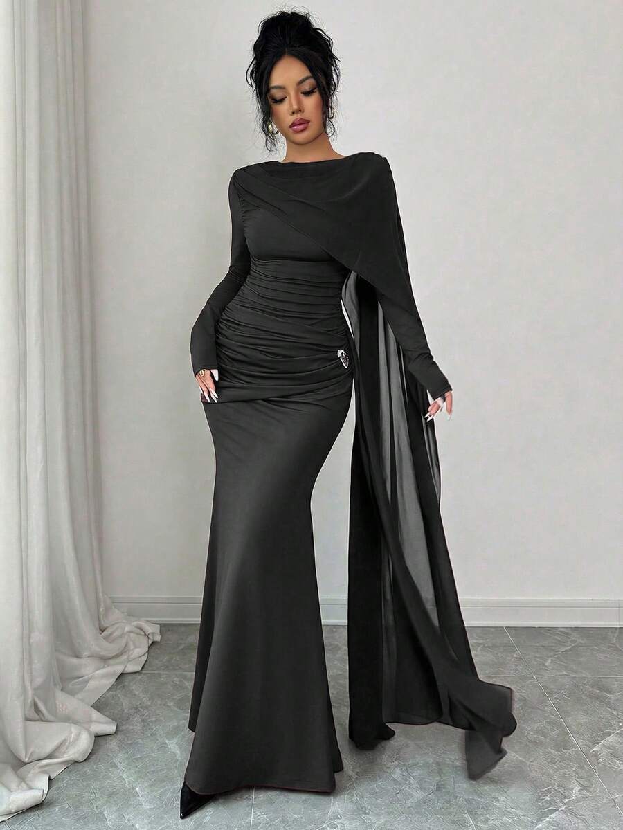 Quinn Ruched Cape Sleeve Mermaid Maxi Dress - view 10