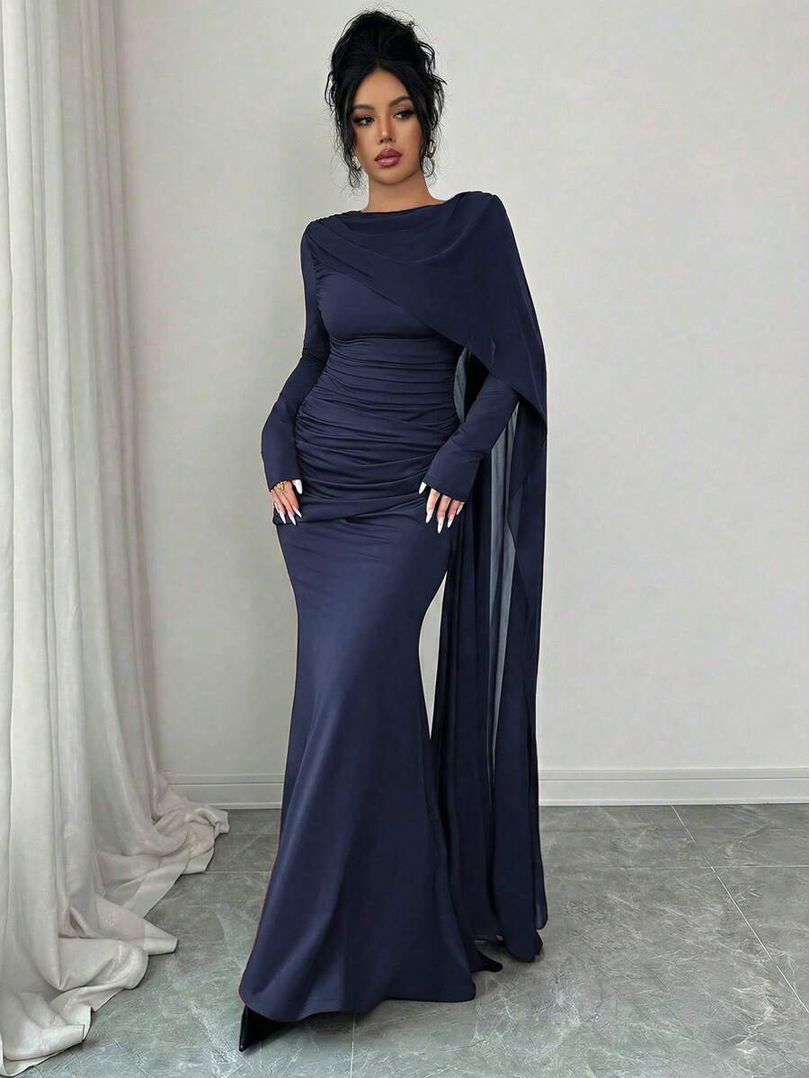 Quinn Ruched Cape Sleeve Mermaid Maxi Dress - view 12