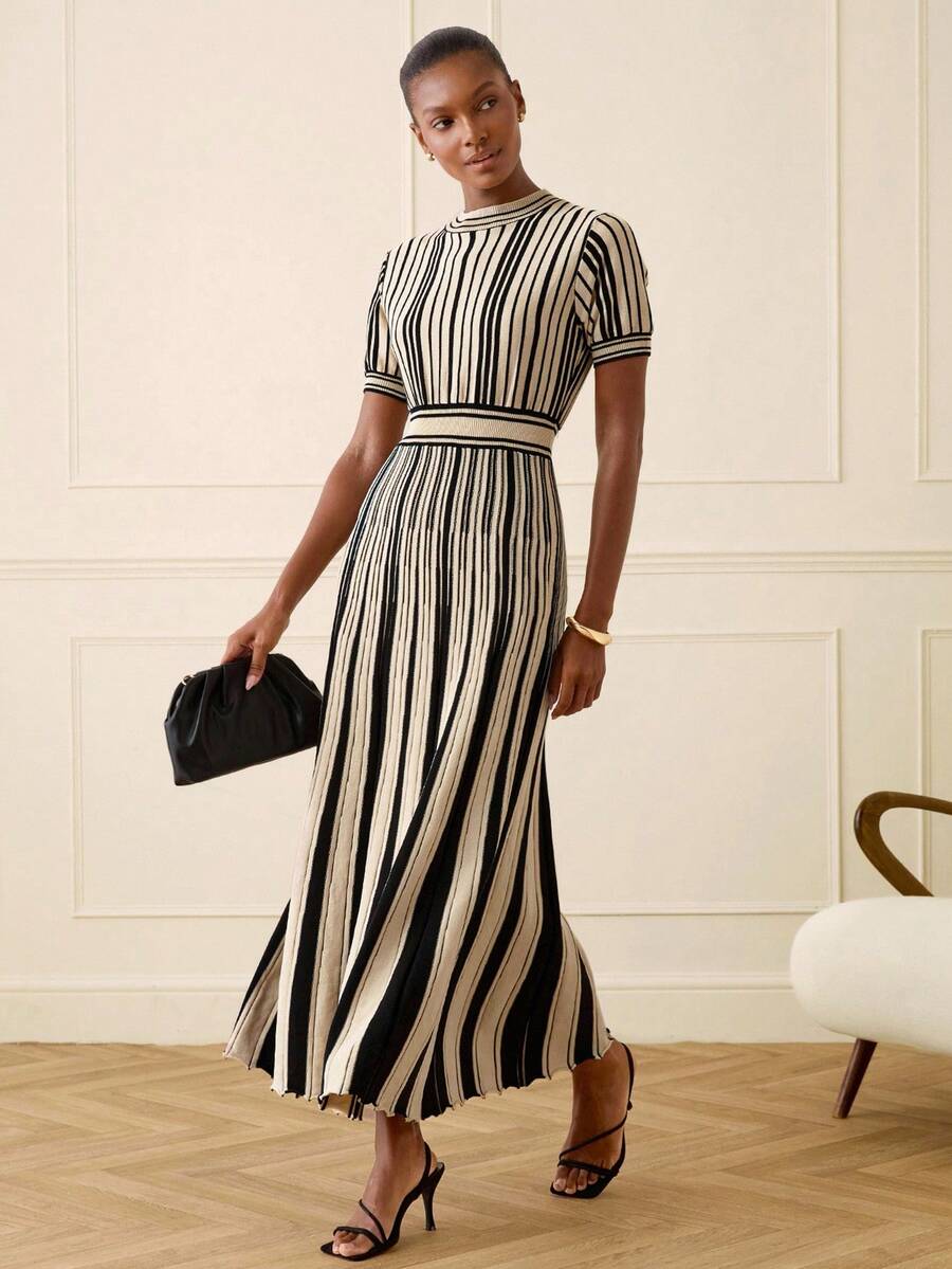 Verity Ribbed Striped Short Sleeve Maxi Dress - front view
