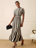 Verity Ribbed Striped Short Sleeve Maxi Dress - front view