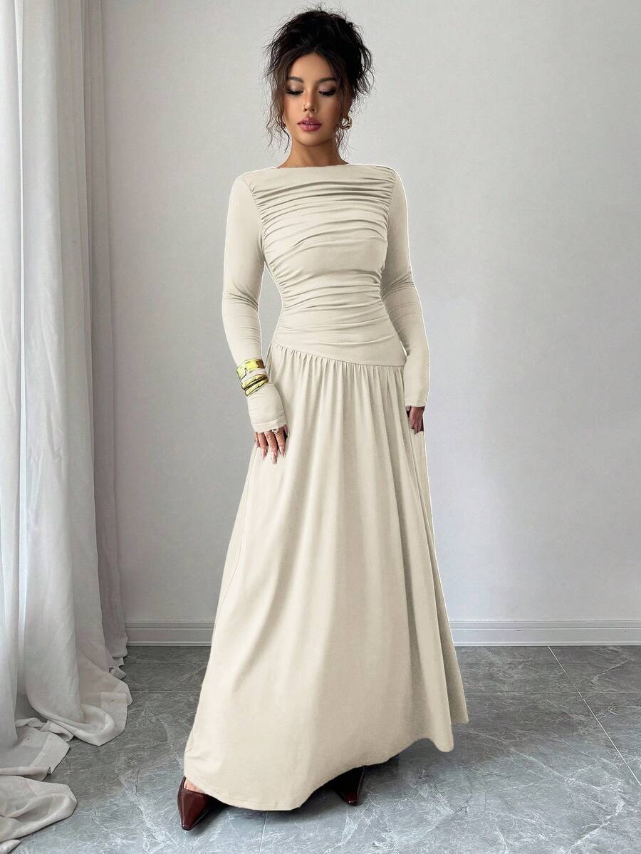 Isabella Boat Neck Long Sleeve Maxi Dress - front view