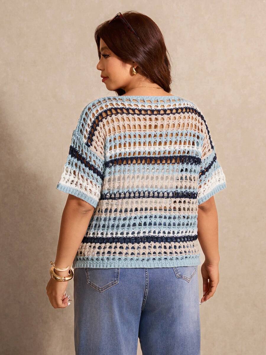 Amalie Open Stitch Striped Short Sleeve Sweater - view 2