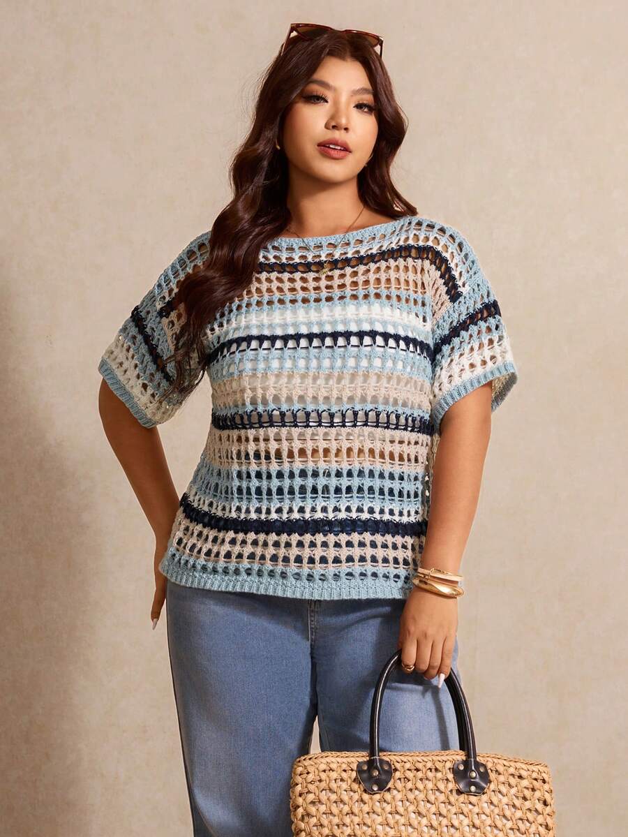 Amalie Open Stitch Striped Short Sleeve Sweater - view 3