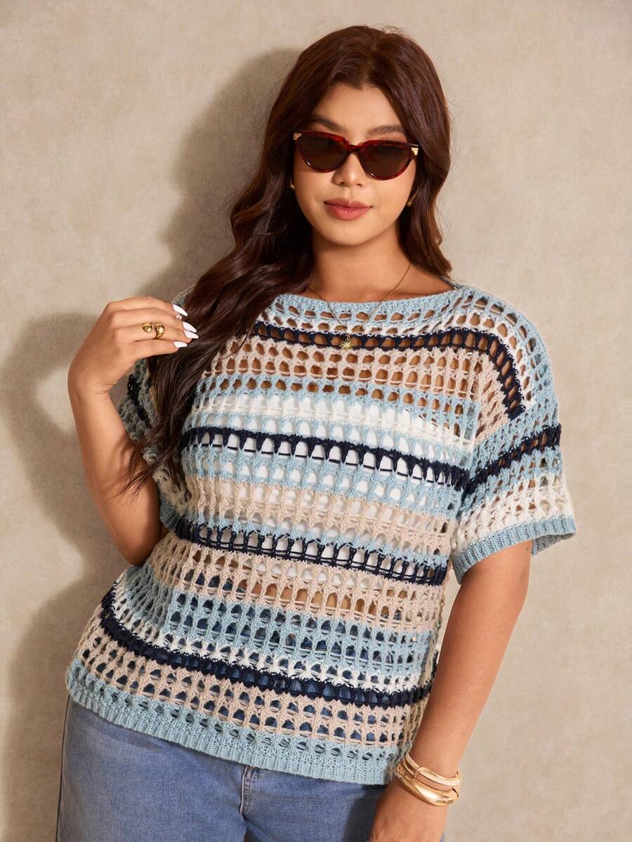 Amalie Open Stitch Striped Short Sleeve Sweater - view 4