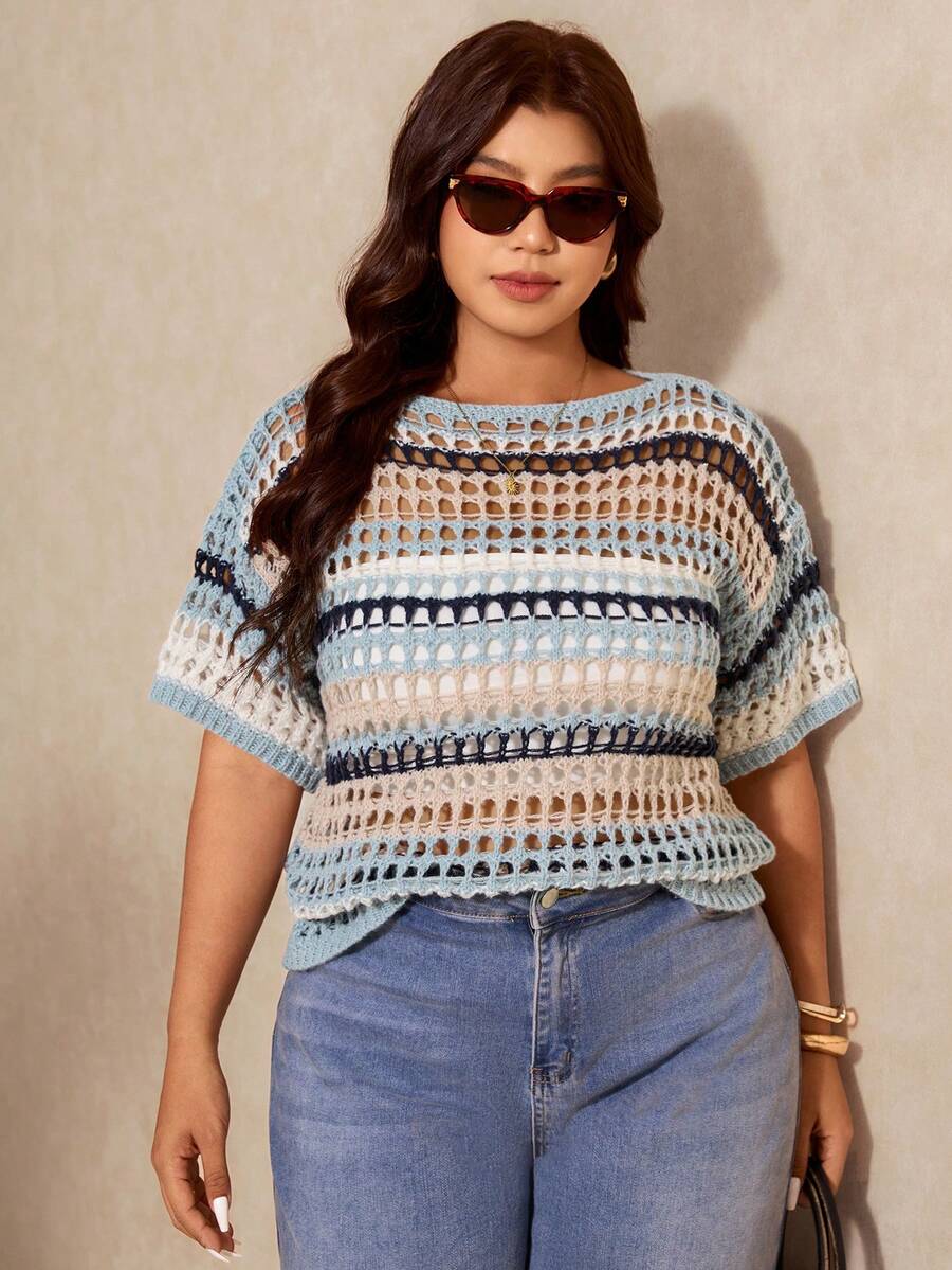 Amalie Open Stitch Striped Short Sleeve Sweater - view 5