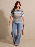 Amalie Open Stitch Striped Short Sleeve Sweater - front view