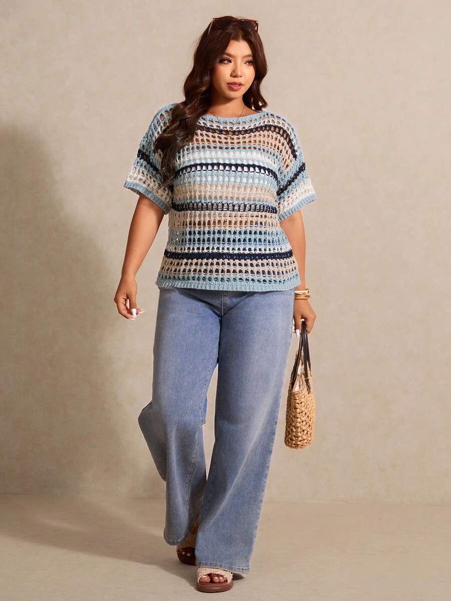 Amalie Open Stitch Striped Short Sleeve Sweater - front view