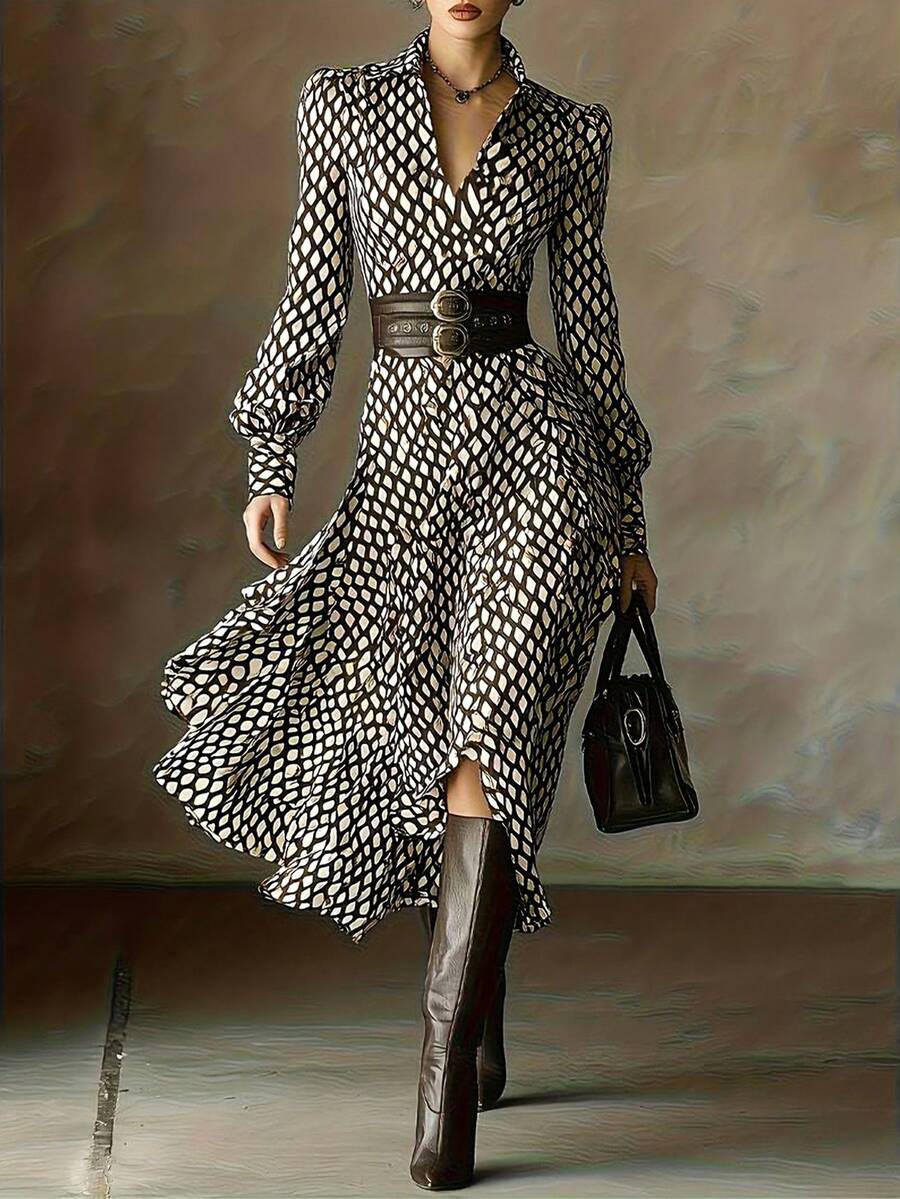 Penelope Notch Lapel V Neck Maxi Dress - front view