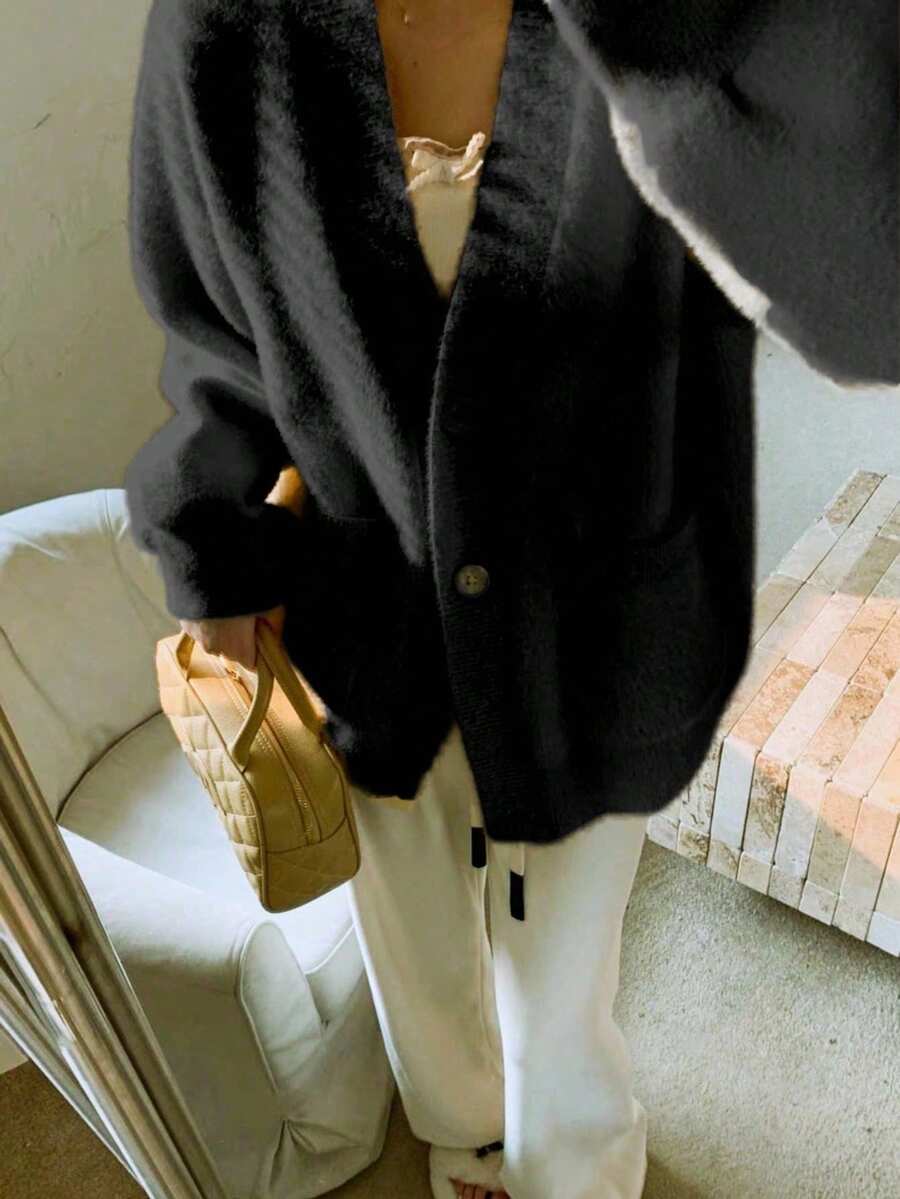 Marta V Neck Patch Pocket Layered Cardigan - front view